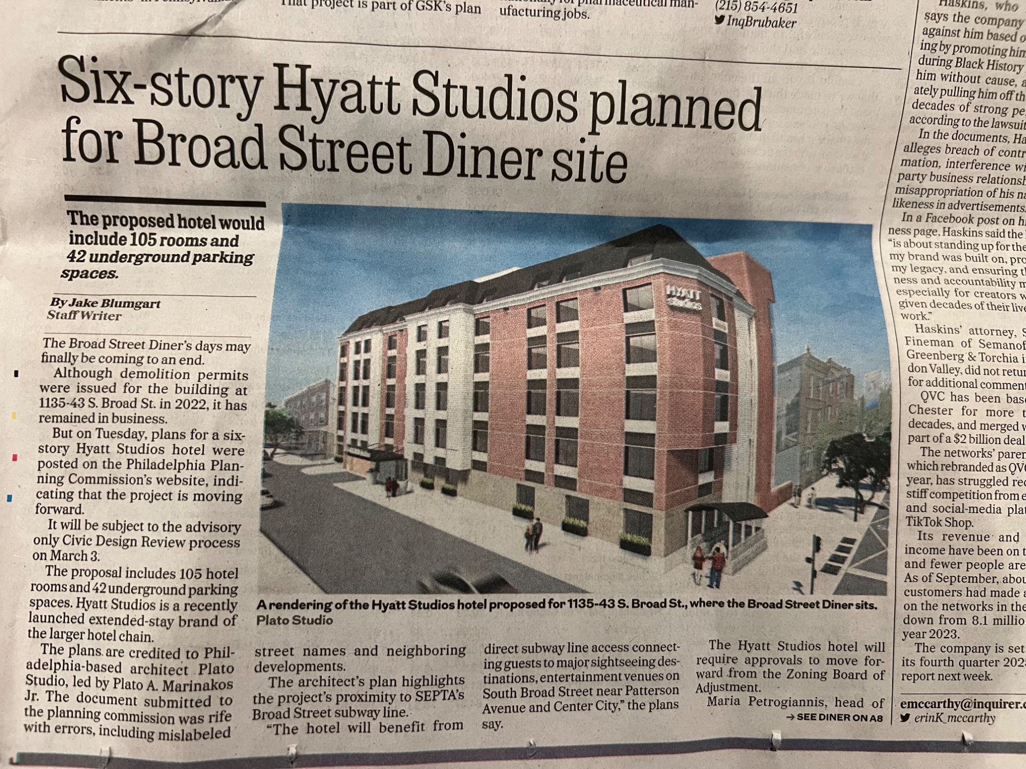 Philadelphia Inquirer article about Hyatt Studios hotel by Plato Studio